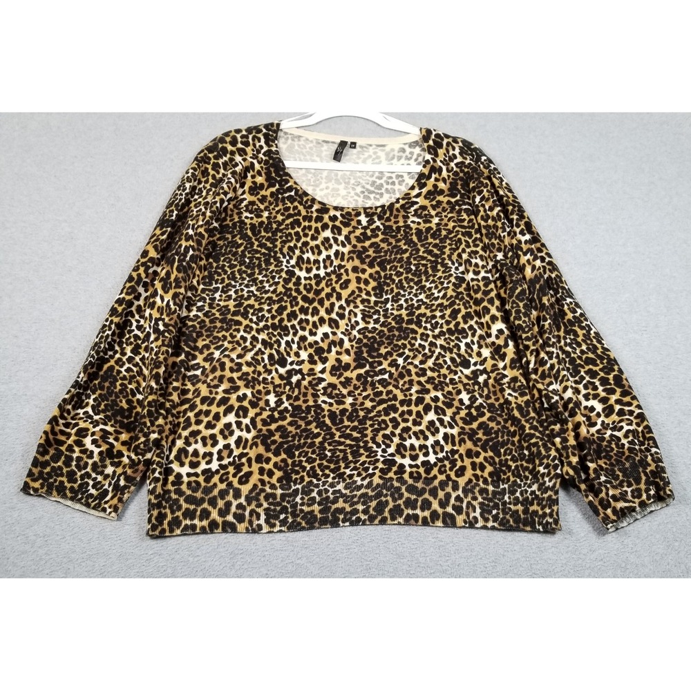 VIP Sweater Women 2X Plus Brown Leopard Print Pullover Stretch Lightweight Knit